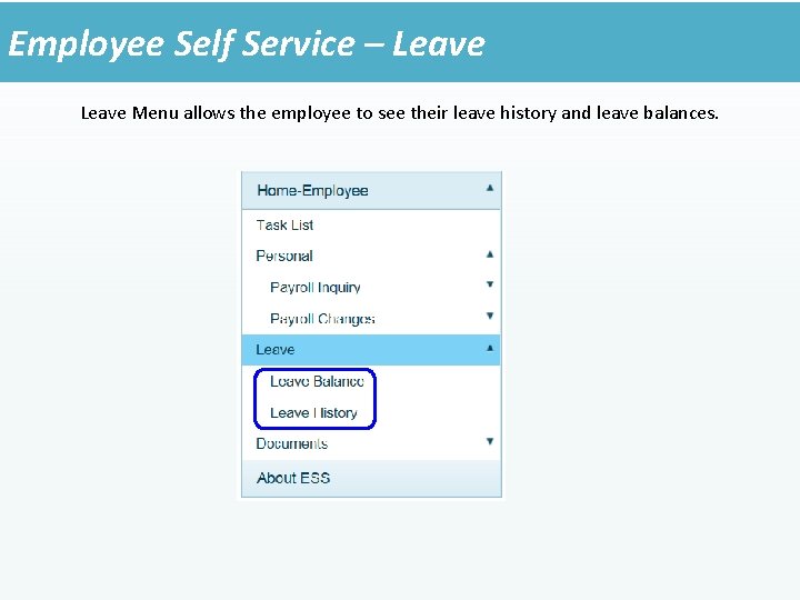 Employee Self Service – Leave Menu allows the employee to see their leave history