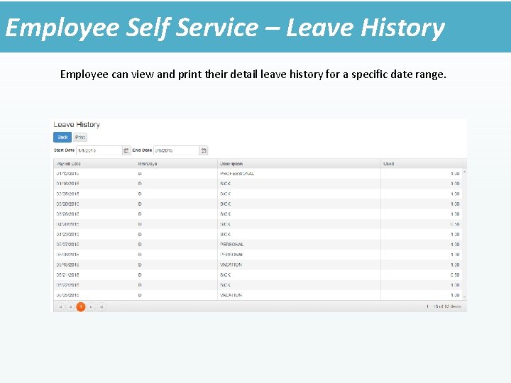 Employee Self Service – Leave History Employee can view and print their detail leave