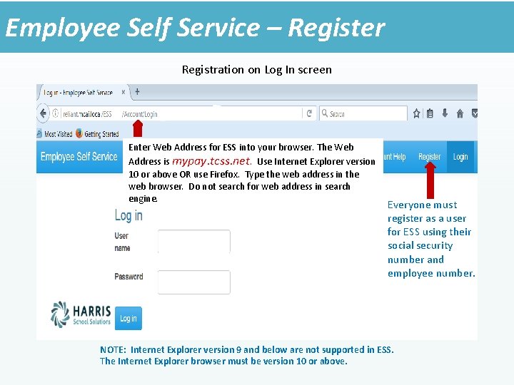Employee Self Service – Register Registration on Log In screen Enter Web Address for