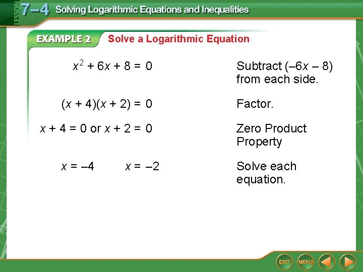 Solve a Logarithmic Equation x 2 + 6 x + 8 = 0 (x