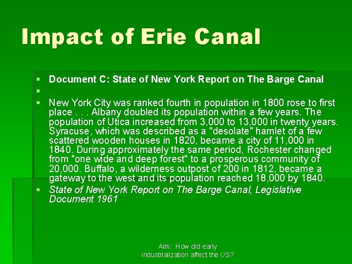 Impact of Erie Canal § Document C: State of New York Report on The