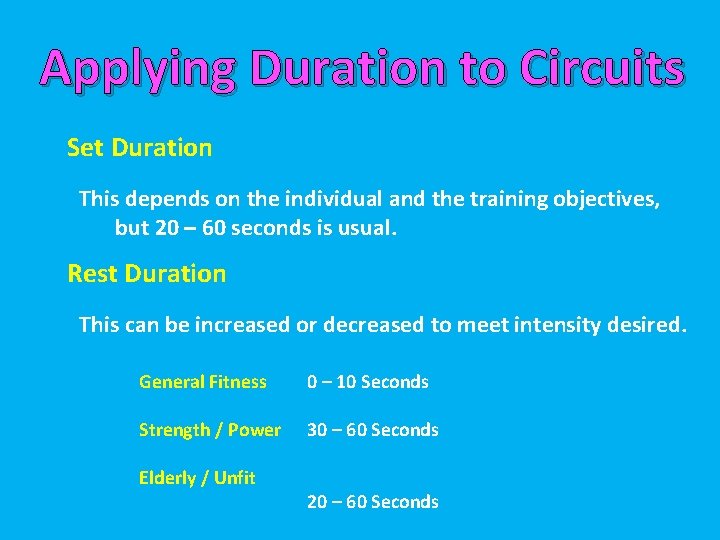 Applying Duration to Circuits Set Duration This depends on the individual and the training