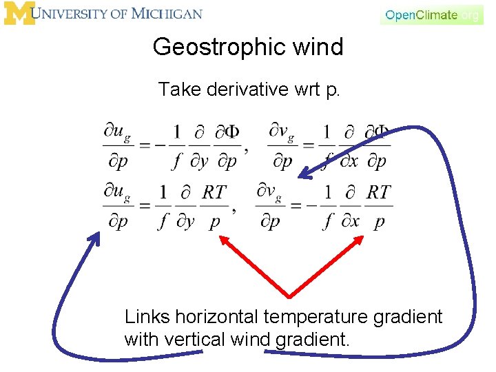 Geostrophic wind Take derivative wrt p. Links horizontal temperature gradient with vertical wind gradient.