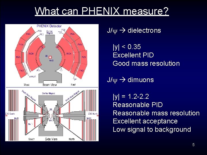 What can PHENIX measure? J/ dielectrons |y| < 0. 35 Excellent PID Good mass