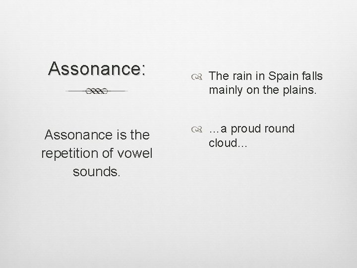Assonance: Assonance is the repetition of vowel sounds. The rain in Spain falls mainly