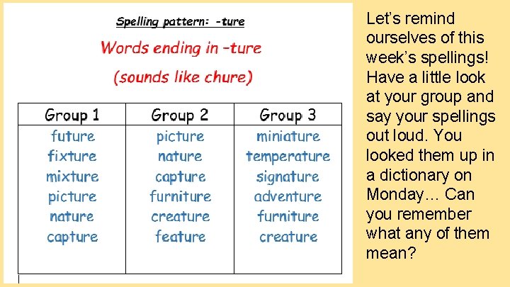 Let’s remind ourselves of this week’s spellings! Have a little look at your group