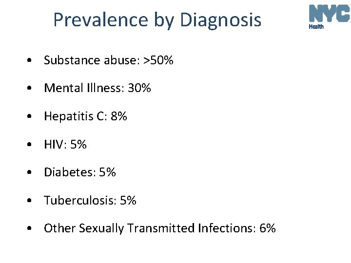 Prevalence by Diagnosis • Substance abuse: >50% • Mental Illness: 30% • Hepatitis C: