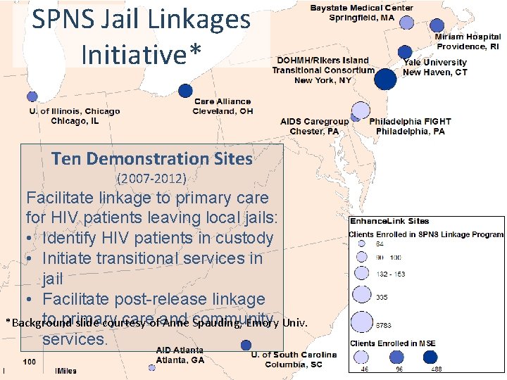 SPNS Jail Linkages Initiative* Ten Demonstration Sites (2007 -2012) Facilitate linkage to primary care
