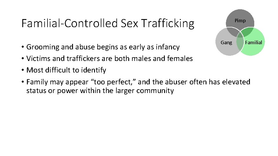 Familial-Controlled Sex Trafficking Pimp Gang Familial • Grooming and abuse begins as early as