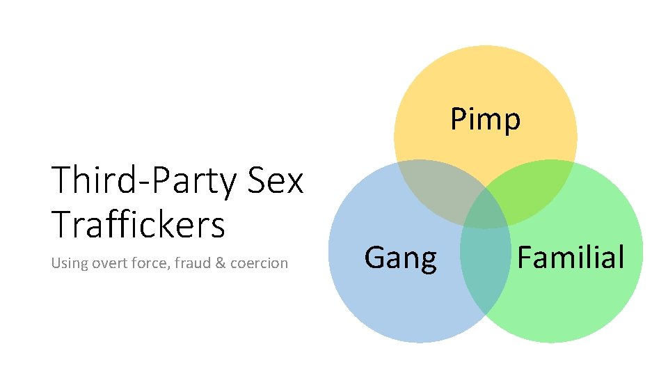 Pimp Third-Party Sex Traffickers Using overt force, fraud & coercion Gang Familial 