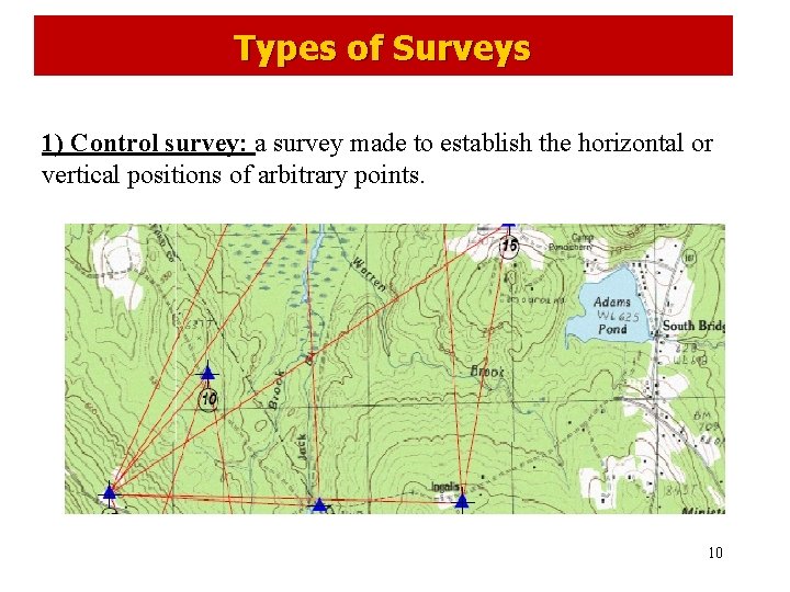 Types of Surveys 1) Control survey: a survey made to establish the horizontal or