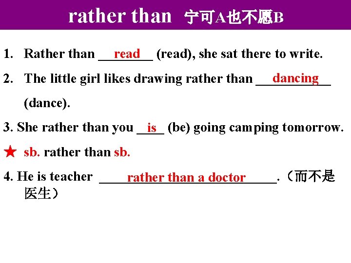 rather than 宁可A也不愿B read (read), she sat there to write. 1. Rather than ____