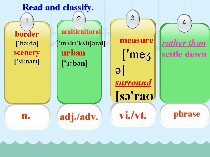 Read and classify. 1 border multicultural ['bɔ: də] ['mʌltɪ'kʌltʃərəl] scenery ['si: nərɪ] 3 2