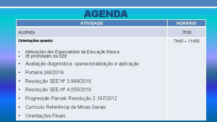 AGENDA ATIVIDADE Acolhida Orientações quanto: • • Atribuições dos Especialistas da Educação Básica 05