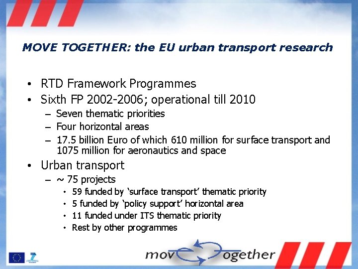 MOVE TOGETHER: the EU urban transport research • RTD Framework Programmes • Sixth FP