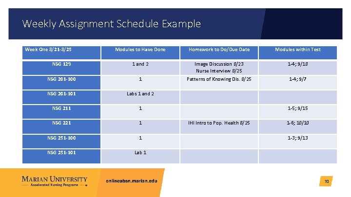 Weekly Assignment Schedule Example Week One 8/21 -8/25 Modules to Have Done Homework to