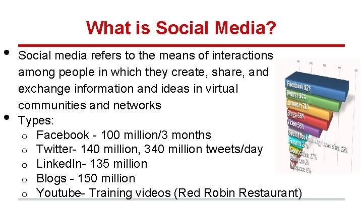 What is Social Media? • • Social media refers to the means of interactions