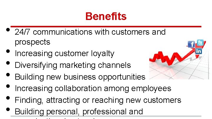  • • Benefits 24/7 communications with customers and prospects Increasing customer loyalty Diversifying