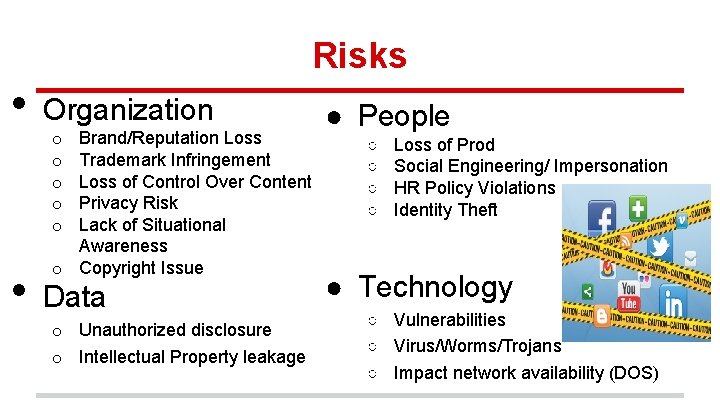  • • Risks Organization Brand/Reputation Loss Trademark Infringement Loss of Control Over Content