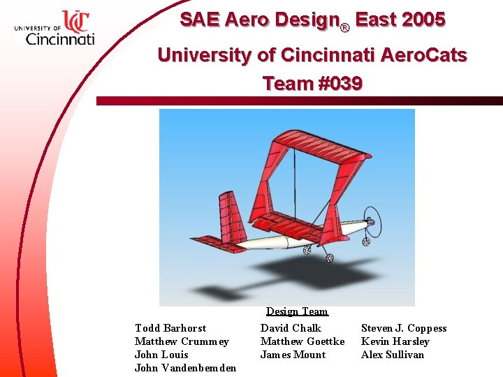 SAE Aero Design® East 2005 University of Cincinnati Aero. Cats Team #039 Design Team