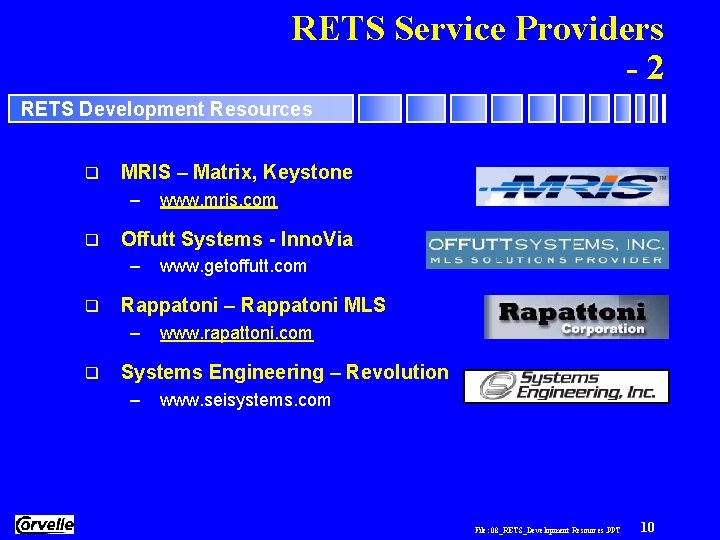RETS Service Providers -2 RETS Development Resources q MRIS – Matrix, Keystone – q