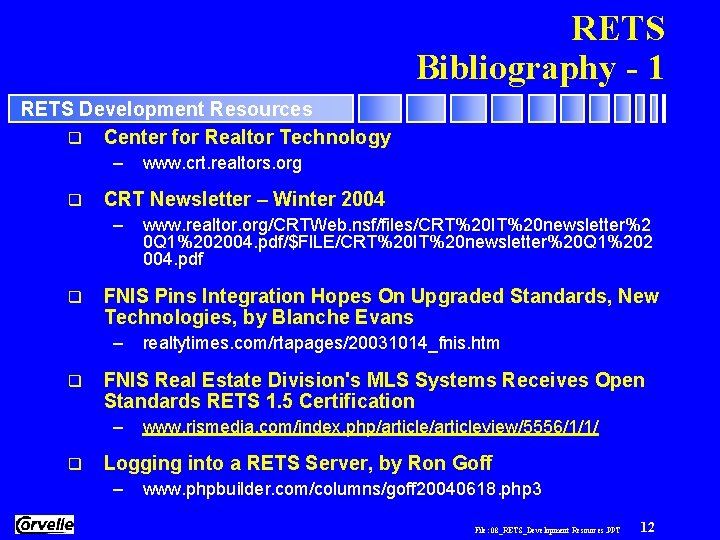 RETS Bibliography - 1 RETS Development Resources q Center for Realtor Technology – q