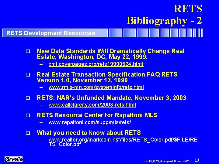 RETS Bibliography - 2 RETS Development Resources q New Data Standards Will Dramatically Change