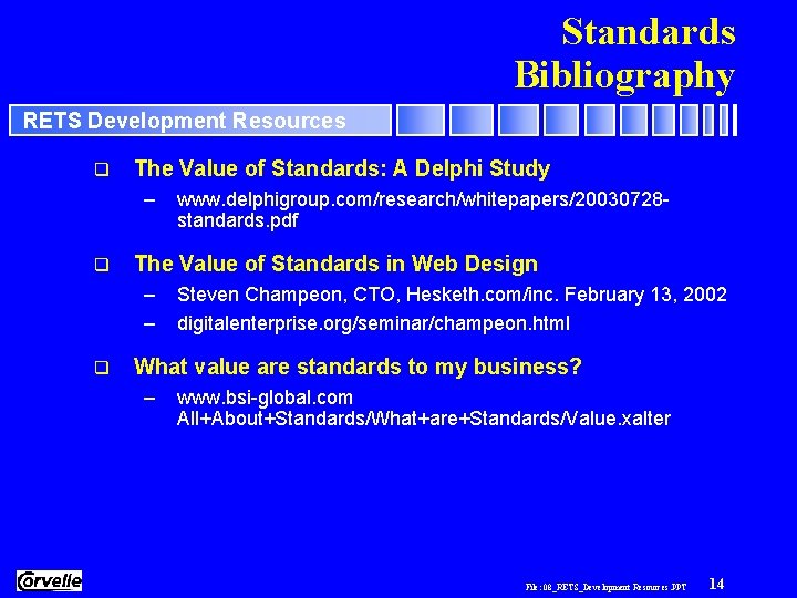 Standards Bibliography RETS Development Resources q The Value of Standards: A Delphi Study –