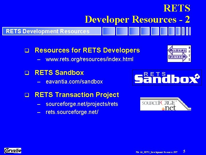 RETS Developer Resources - 2 RETS Development Resources q Resources for RETS Developers –
