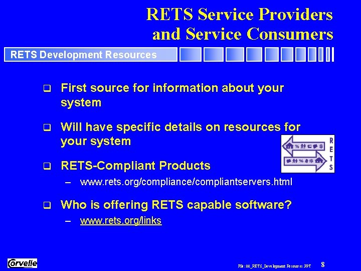 RETS Service Providers and Service Consumers RETS Development Resources q First source for information