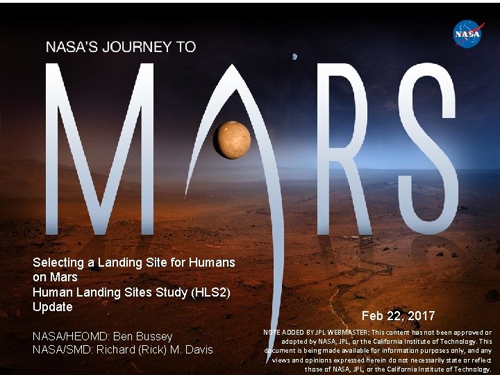 Selecting a Landing Site for Humans on Mars Human Landing Sites Study (HLS 2)