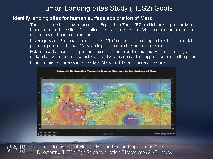 Human Landing Sites Study (HLS 2) Goals Identify landing sites for human surface exploration