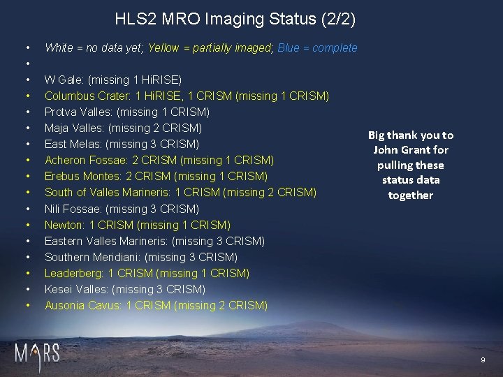 HLS 2 MRO Imaging Status (2/2) • • • • • White = no