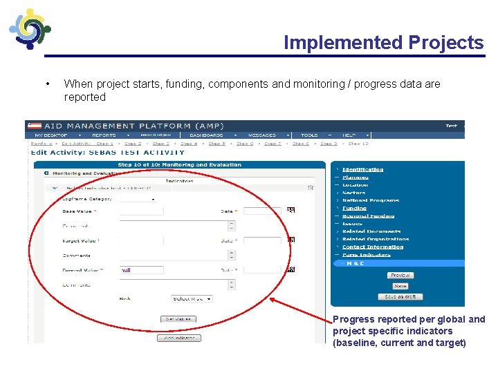 Implemented Projects • When project starts, funding, components and monitoring / progress data are