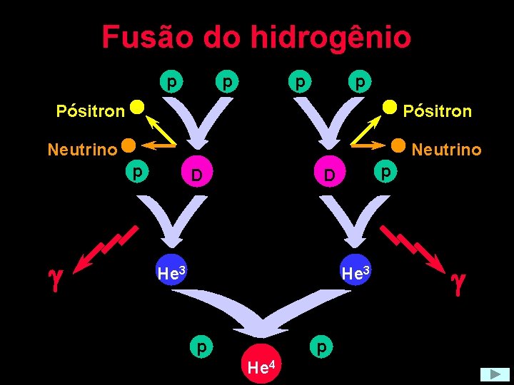 Fusão do hidrogênio p p Pósitron Neutrino p g D p D He 3
