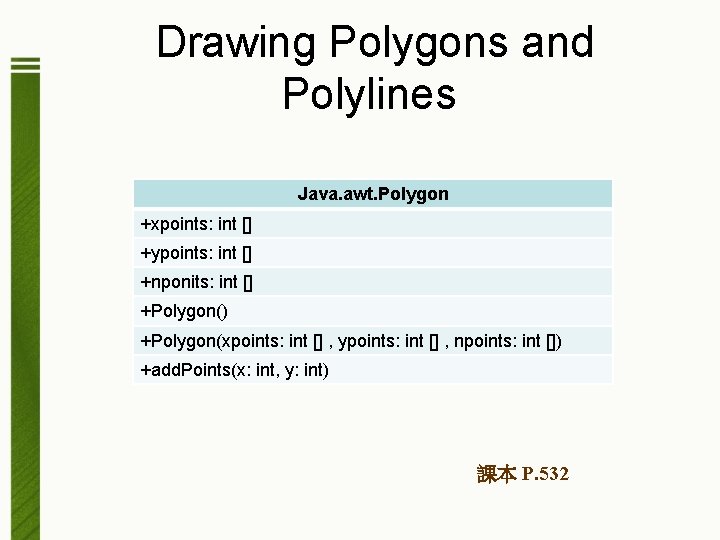 Drawing Polygons and Polylines Java. awt. Polygon +xpoints: int [] +ypoints: int [] +nponits: