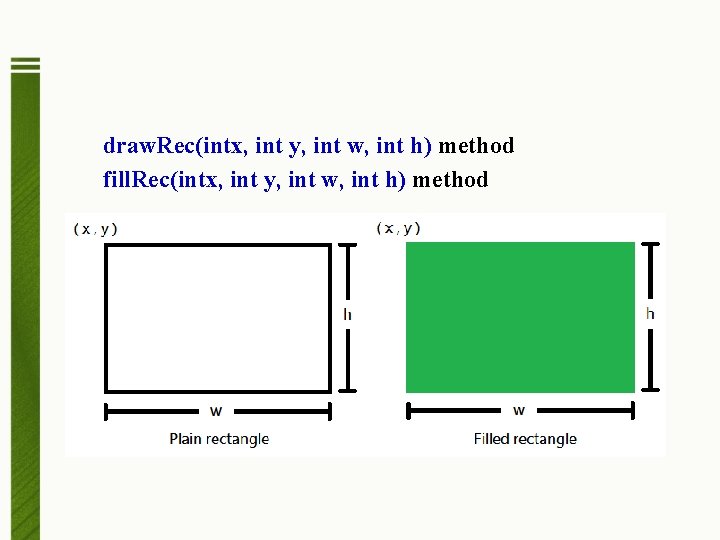 draw. Rec(intx, int y, int w, int h) method fill. Rec(intx, int y, int