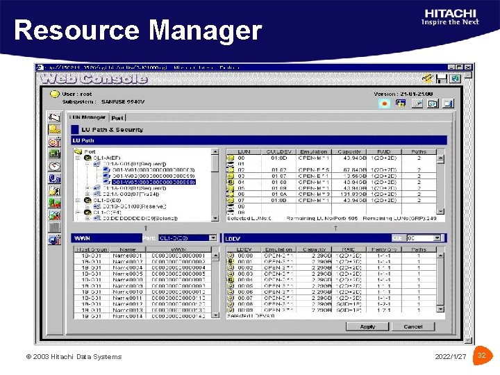 Resource Manager © 2003 Hitachi Data Systems 2022/1/27 32 