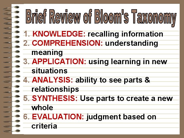 1. KNOWLEDGE: recalling information 2. COMPREHENSION: understanding meaning 3. APPLICATION: using learning in new