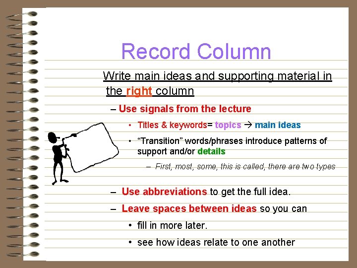 Record Column Write main ideas and supporting material in the right column – Use