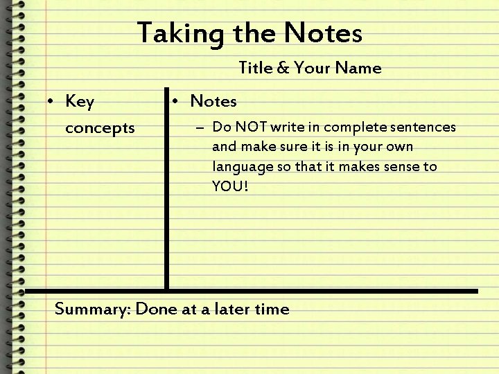 Taking the Notes Title & Your Name • Key concepts • Notes – Do