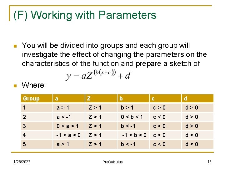 (F) Working with Parameters n You will be divided into groups and each group