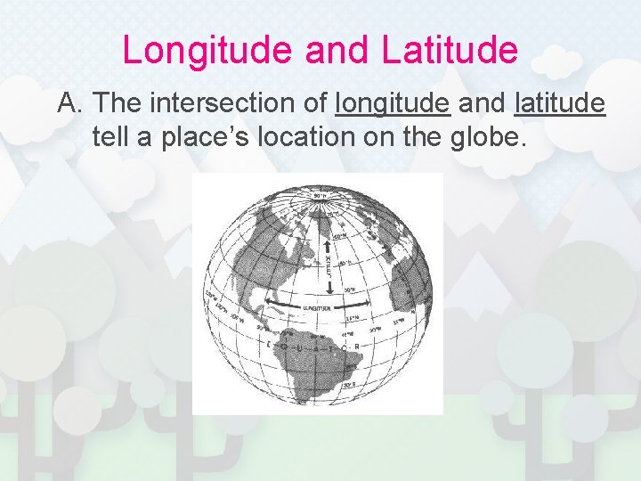 Longitude and Latitude A. The intersection of longitude and latitude tell a place’s location