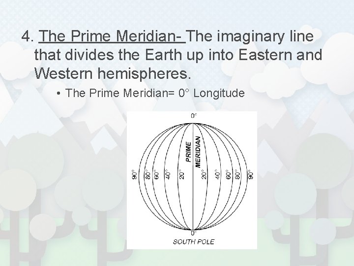 4. The Prime Meridian- The imaginary line that divides the Earth up into Eastern