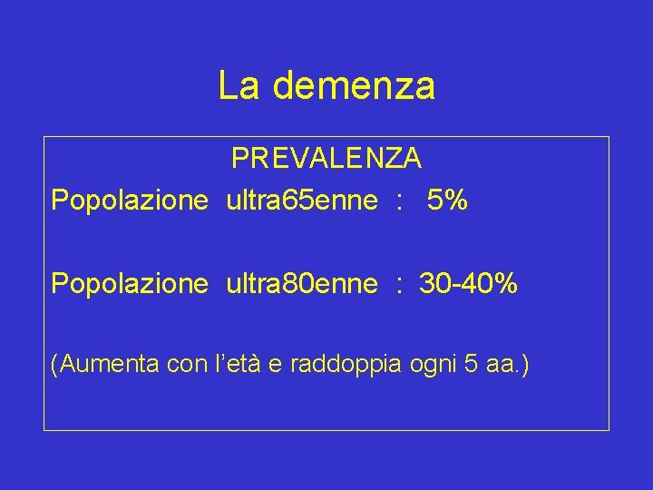 La demenza PREVALENZA Popolazione ultra 65 enne : 5% Popolazione ultra 80 enne :