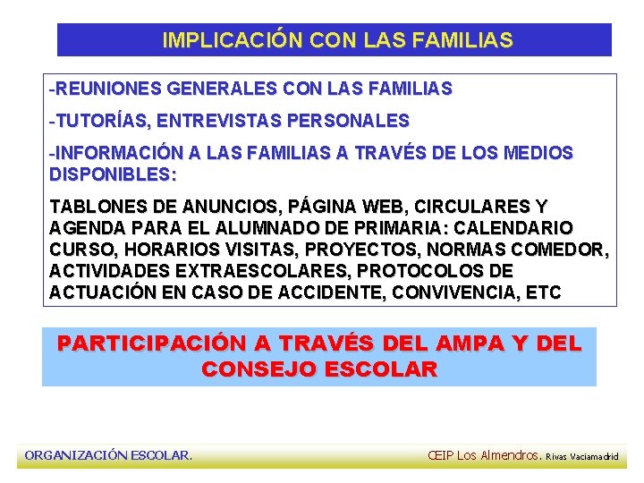 IMPLICACIÓN CON LAS FAMILIAS -REUNIONES GENERALES CON LAS FAMILIAS -TUTORÍAS, ENTREVISTAS PERSONALES -INFORMACIÓN A