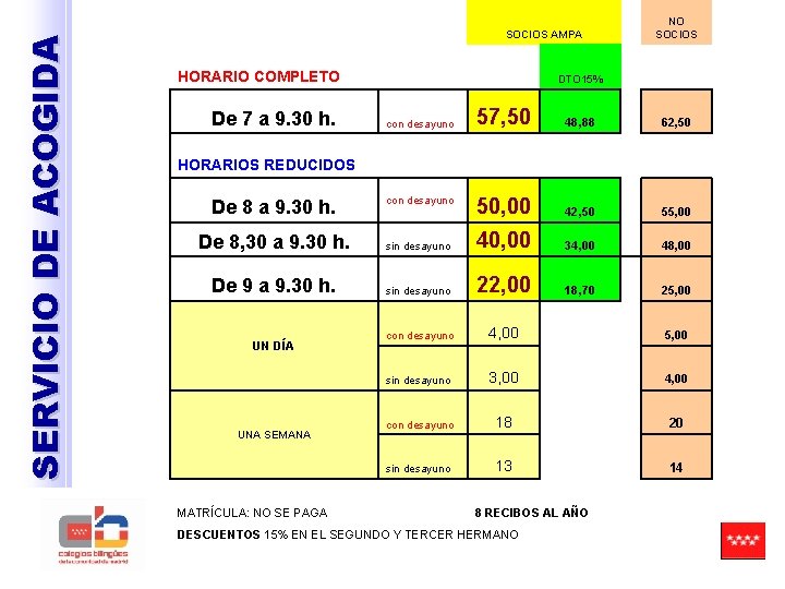 SERVICIO DE ACOGIDA SOCIOS AMPA HORARIO COMPLETO De 7 a 9. 30 h. NO