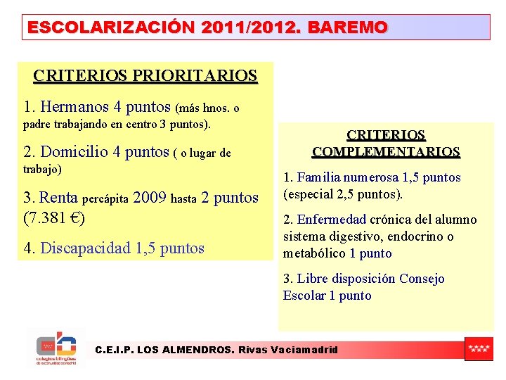 ESCOLARIZACIÓN 2011/2012. BAREMO CRITERIOS PRIORITARIOS 1. Hermanos 4 puntos (más hnos. o padre trabajando