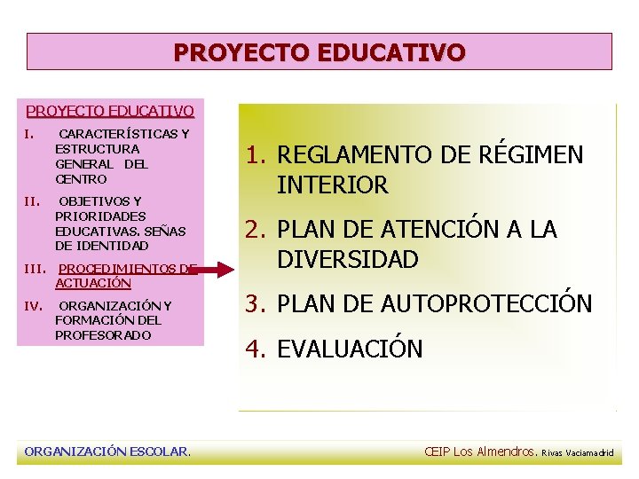 PROYECTO EDUCATIVO I. CARACTERÍSTICAS Y ESTRUCTURA GENERAL DEL CENTRO II. OBJETIVOS Y PRIORIDADES EDUCATIVAS.
