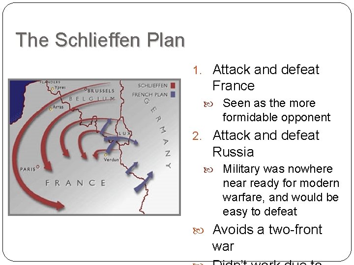 The Schlieffen Plan 1. Attack and defeat France Seen as the more formidable opponent